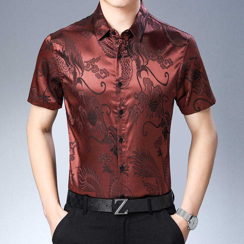 Mens Satin Silk Dress Shirt - Erkek moda desen ipek gömlek yaz