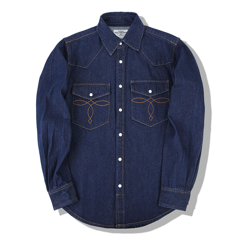 Mens Western Denim Pearl Snap Shirt - Amerikan Yıkama Vintage Denim Gömlekler İnci