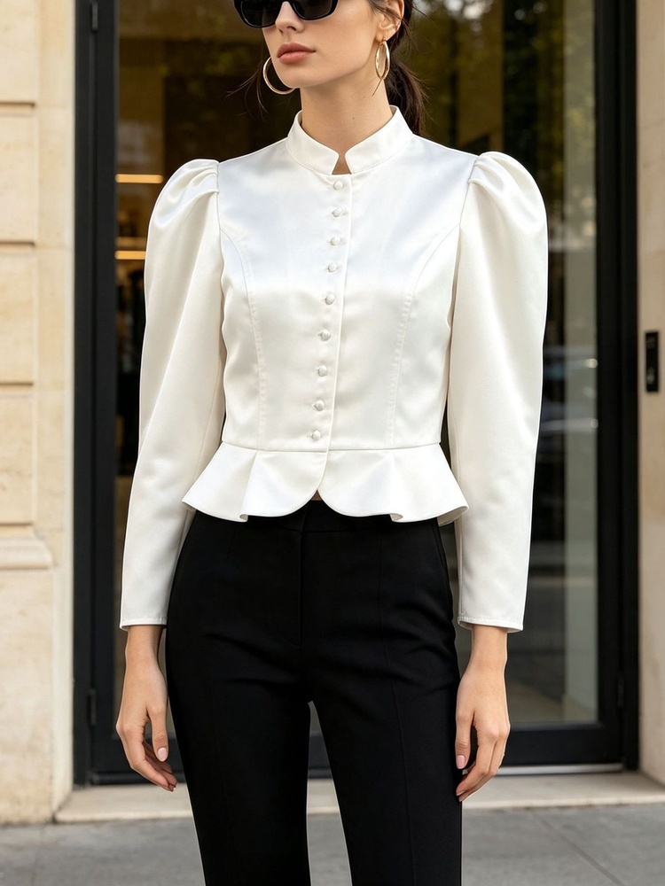 Mandarin Collar Formal Shirt Slim Fit - Tossy Peplum Bluz Uzun Kollu Puf