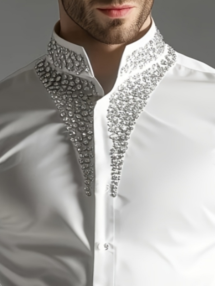Erkekler için Lüks Kristal Taş - Mandarin Collar Formal Shirt Slim Fit incelemesi ve fiyatı
